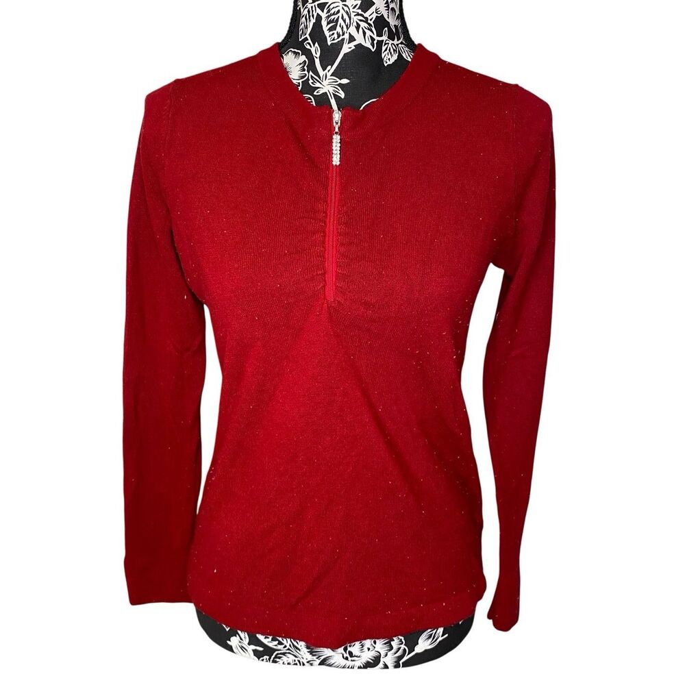Luxe Mercer Street Studio Red Rhinestone Zip Sweater Y2K Petite Knit Top Casual
